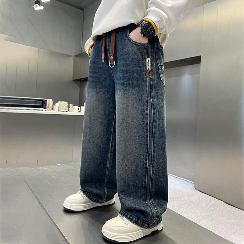 Boys' Spring/Fall Outerwear: Denim Long Pants—Large/Extra-Large Casual Mid-Rise Wide-Leg Pants