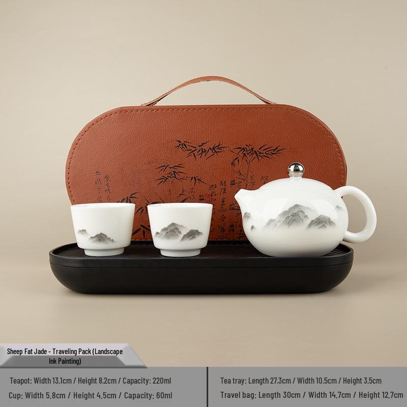 Sheep Fat Jade Portable Ceramic Tea Set - One Pot, Two Cups, Travel-Friendly Souvenir.