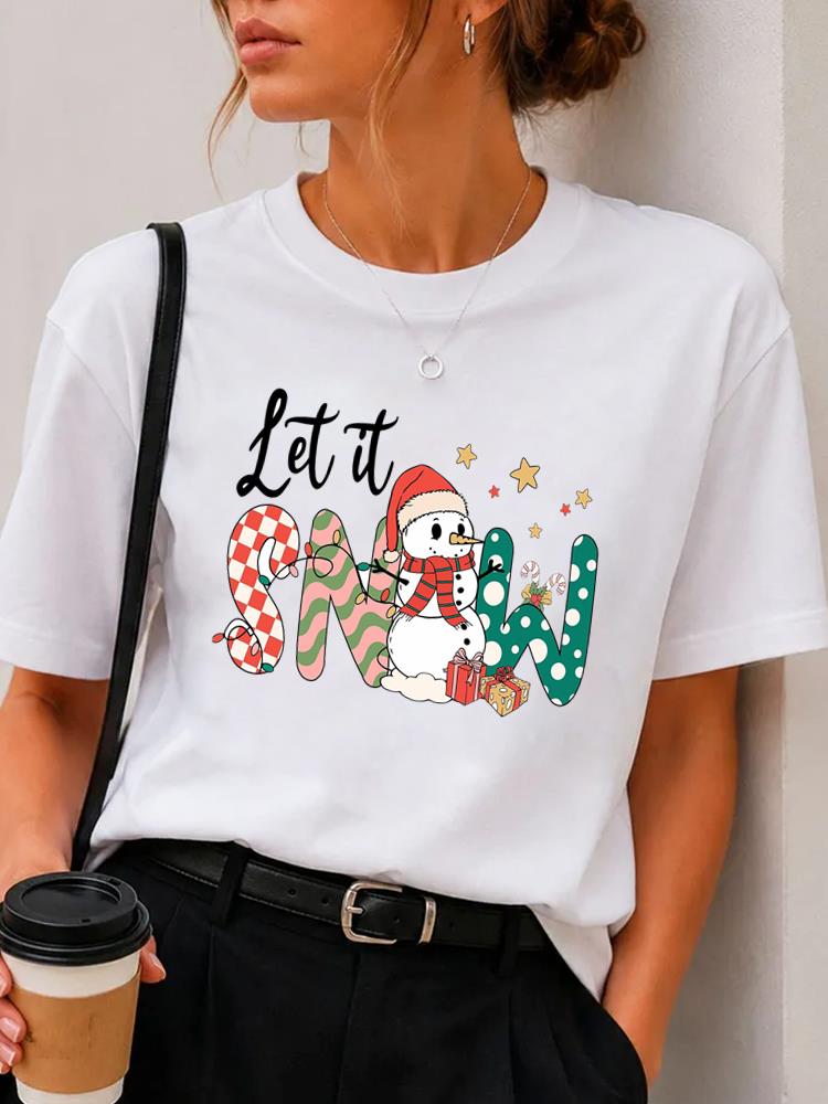 (Asian Size) plaid letter Merry Christmas Fashion Short Sleeve T-shirts Women's Top O-neck T Shirt Print Casual New Year Clothing Graphic Tee