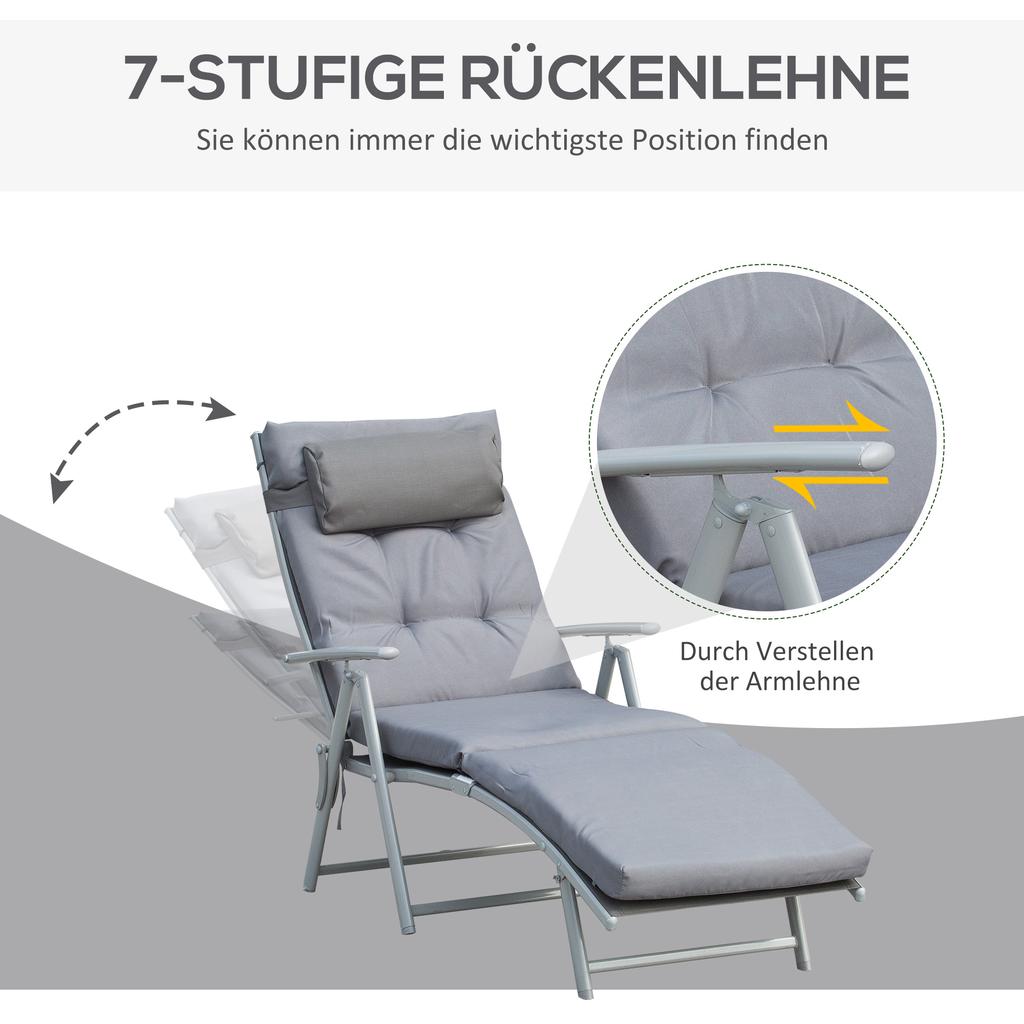 Patio Sun Lounger Garden Textilene Foldable Reclining Chair Adjustable Recliner with Cushion Pillow - Grey