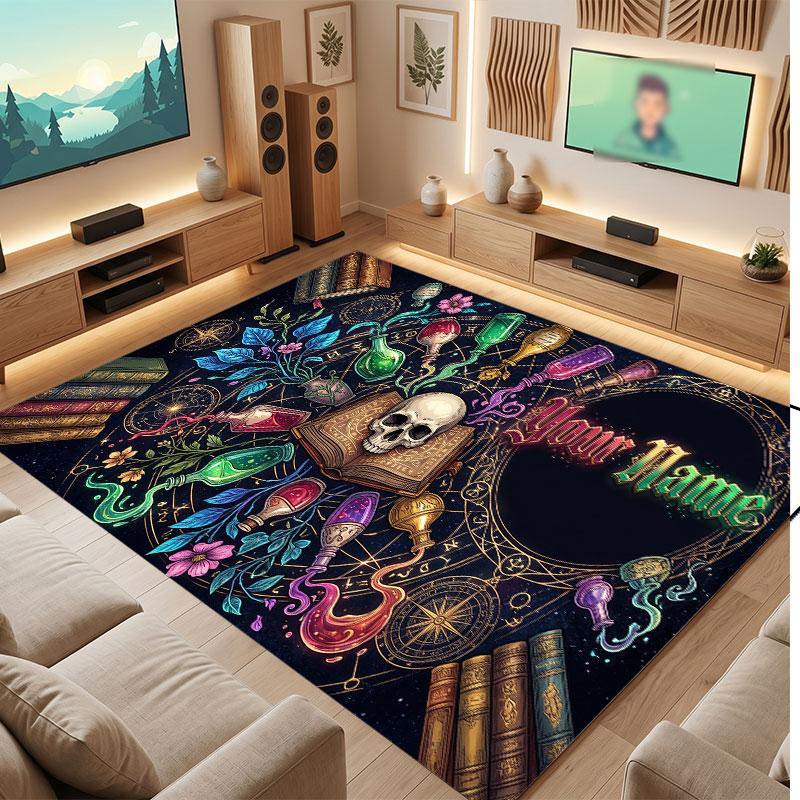 Skull Gothic Theme Crystal Velvet Floor Rug Personalized Custom Name Text Warm Carpet Home Decoration