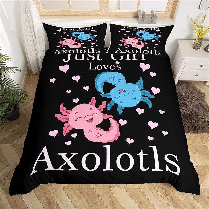 Cartoon Axolotl Duvet Cover Full For Kids Boys Girls Toddlers Kawaii Axolotl Bedding Collection Cute Sea Weed Coastal Comforter Cover