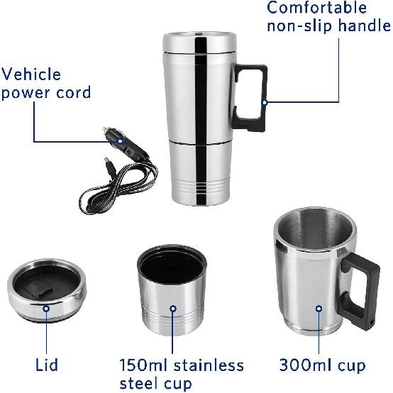 300ml Car Electric Tea Kettle, 12V Stainless Steel Electric In-car Travel Heating Cup Car Water Heater Travel Portable Heating Cup with Lid for Most