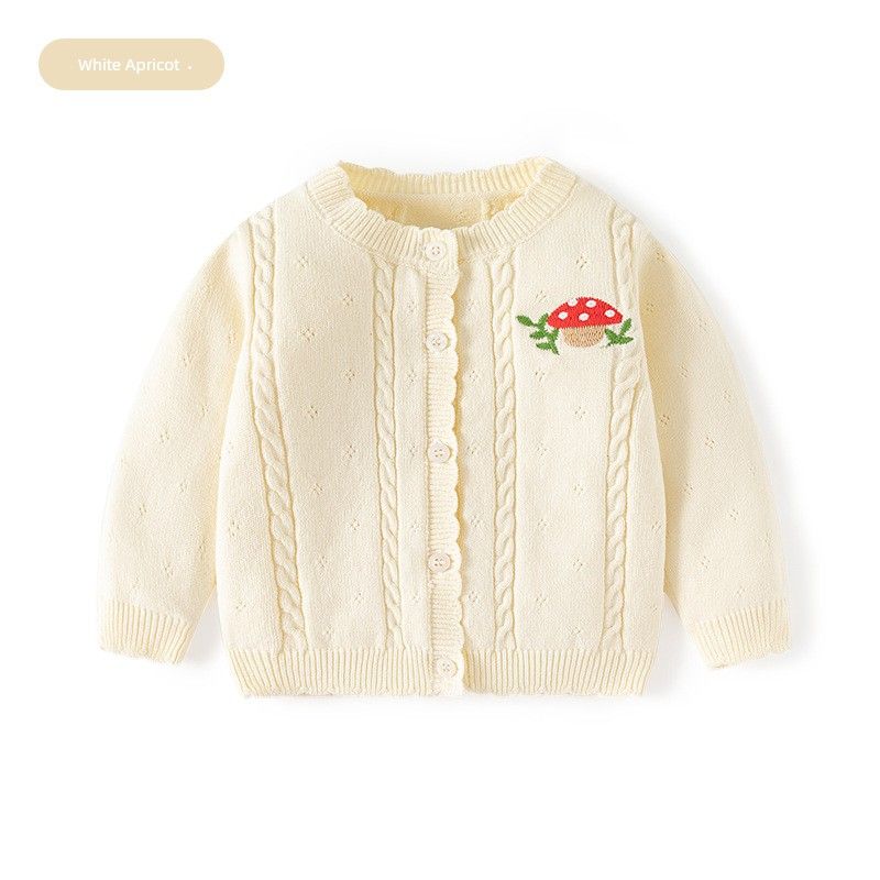 Children's Mushroom Knit Sweater, Girls' Cardigan with Lace Collar, Baby Girl's Long-Sleeved Coat, Spring and Autumn Children's Clothing