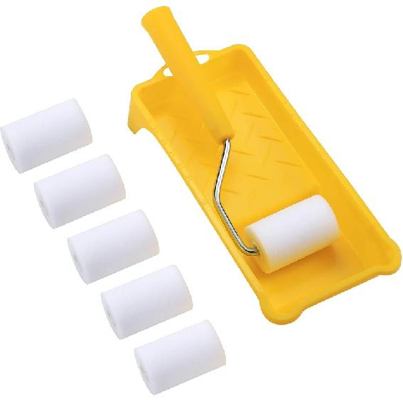 Foam Paint Roller, Roller Frame with 4-Inch Mini Paint Roller Cover Refills with Foam-Covered Ends, High-Density Foam Paint Tray Set for Room Home