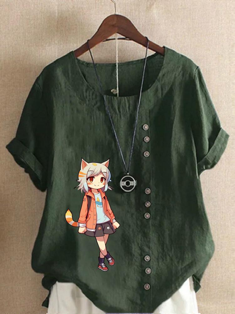 Women's Fashion Cute Girl Print Shot Sleeve T-shirt Loose Cotton Shirt Casual Loose Summer Blouse Tops Plus Size
