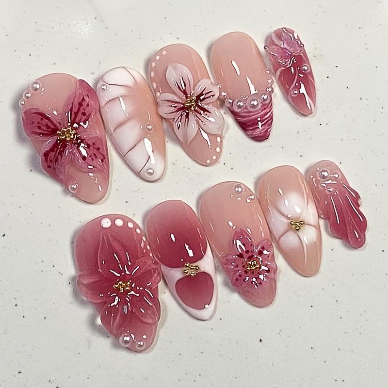 30 Piece Set of 3D Flower Almond Shaped Pressed Acrylic Nail Art Medium Length Suitable for Daily Wear and Holidays