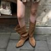 Women's High Boots 2025 Female New Retro Brown Western Cowhide Booties Gothic Square Toe Wide-leg Women's Long Boots Pumps Shoes