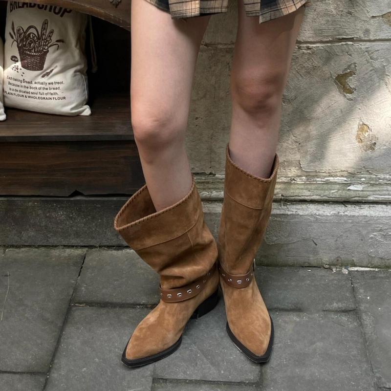 Women's High Boots 2025 Female New Retro Brown Western Cowhide Booties Gothic Square Toe Wide-leg Women's Long Boots Pumps Shoes