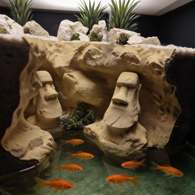 Túnel Caverna Aquário Estátuas Moai da Ilha de Páscoa Sob Caverna de Cascalho Esconderijo para Peixes Pequenos e Camarões com Portas de Visualização para Betta Pleco Camarão