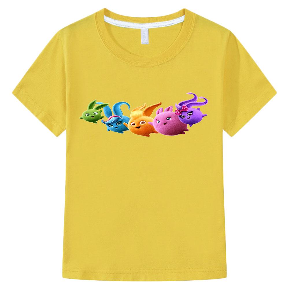 

100% Cotton Sunny Bunnies Children s T-shirt Cute Rabbit Cartoon Print Girls Tops Fun Boys Tees Fashion Kids Summer Short Sleeve 160 жовтий