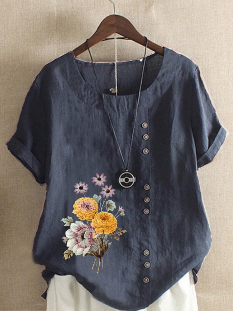 Europe and The United States Printing Cotton Linen Short-sleeved Ladies T-shirt