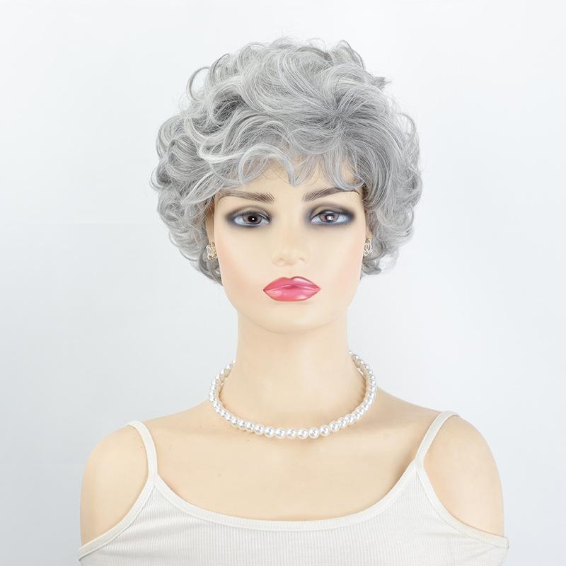 Wig European and American new women's short curly hair, middle-aged and elderly grandma gray curly hair wig cover rose net spot