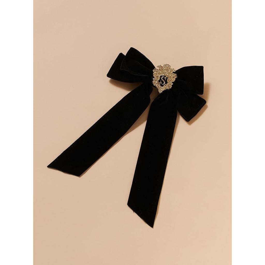 SNIDEL Emblem Ribbon Hair Barrette SWGG264663 2-Way Velvet Ribbon Hair Clip with Removable Brooch Black Free Size