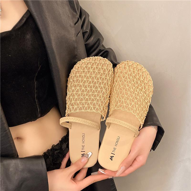 Flat-bottomed mesh fashion outer wear silver bag head half slippers women's shoes 2025 new summer soft-soled sandals