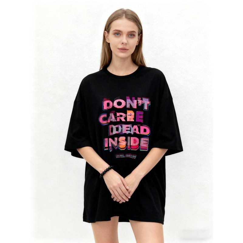 Übergroßes T-Shirt Schwarz Dont Care Dead Inside Grafikdruck Lässiges Streetwear-Oberteil für Damen