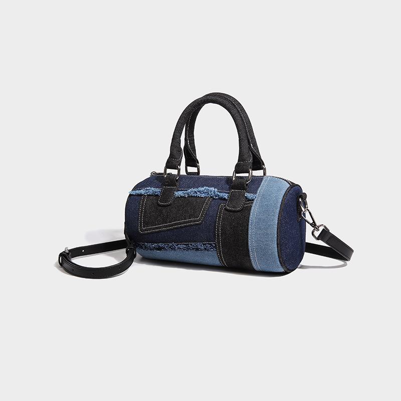 Niche Design Patchwork Denim Crossbody Bowling Bag 2024 Summer New Versatile Boston Pillow Bag
