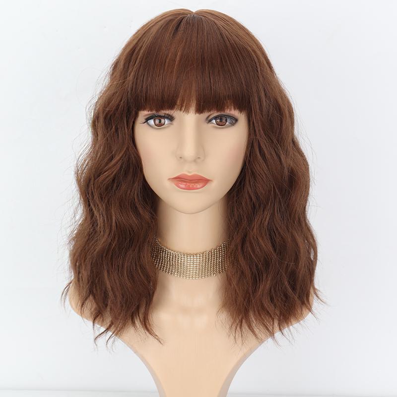 XINRAN Women Fashion Light Purple Shoulder Length Natural Wavy Wig with Bangs Synthetic Fiber Short Wavy Wig Cosplay Daily Wear