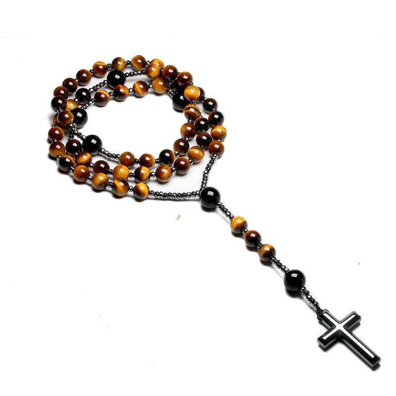 Collane con rosario di Cristo cattolico in pietra naturale occhio di tigre per donna uomo pendente con croce in ematite gioielli Mala