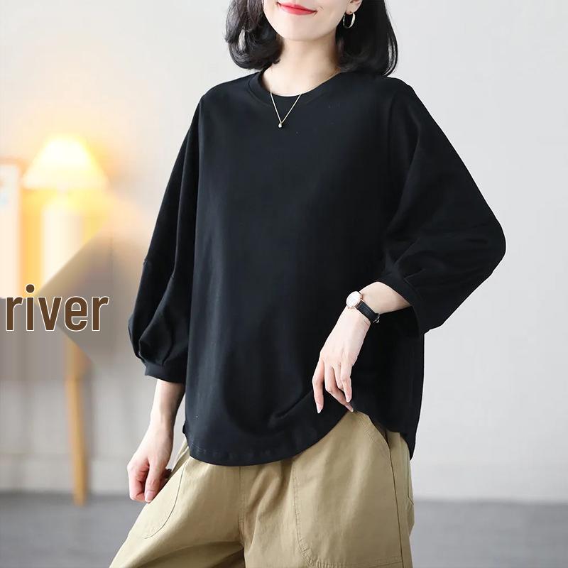 Solid Color Seven-Sleeve Retro Lantern T-Shirt for Women