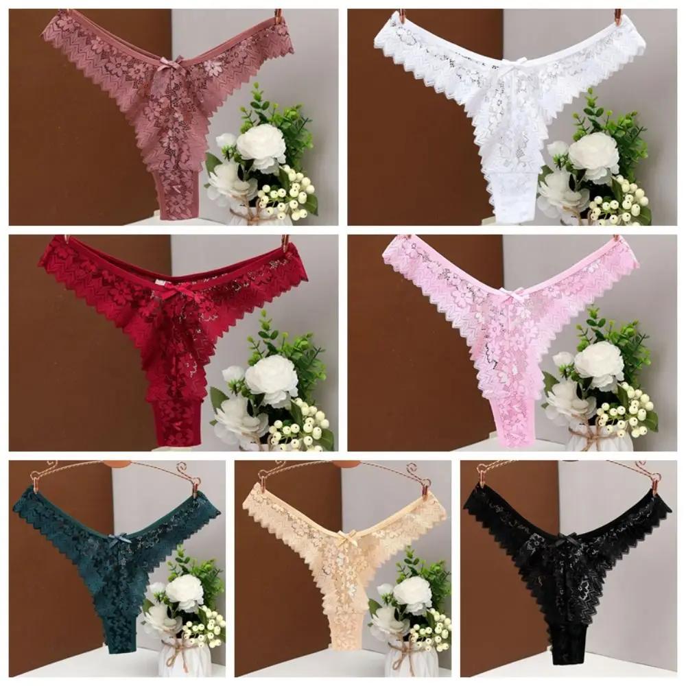 Breathable Bow Flower Lace Seamless Thong Transparent Mid Waist Underwear for Women Hollow Panties Mesh Lace Briefs Girl