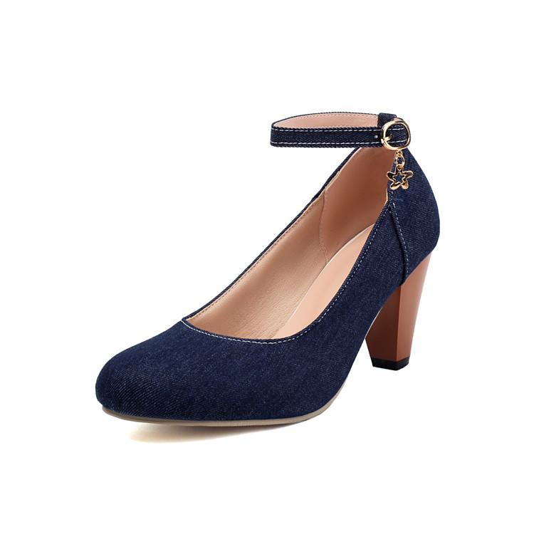 

Large size single shoes women s spring new high heels round head denim buckle thick fashion and shallow mouth women s shoes 39 темно-синий
