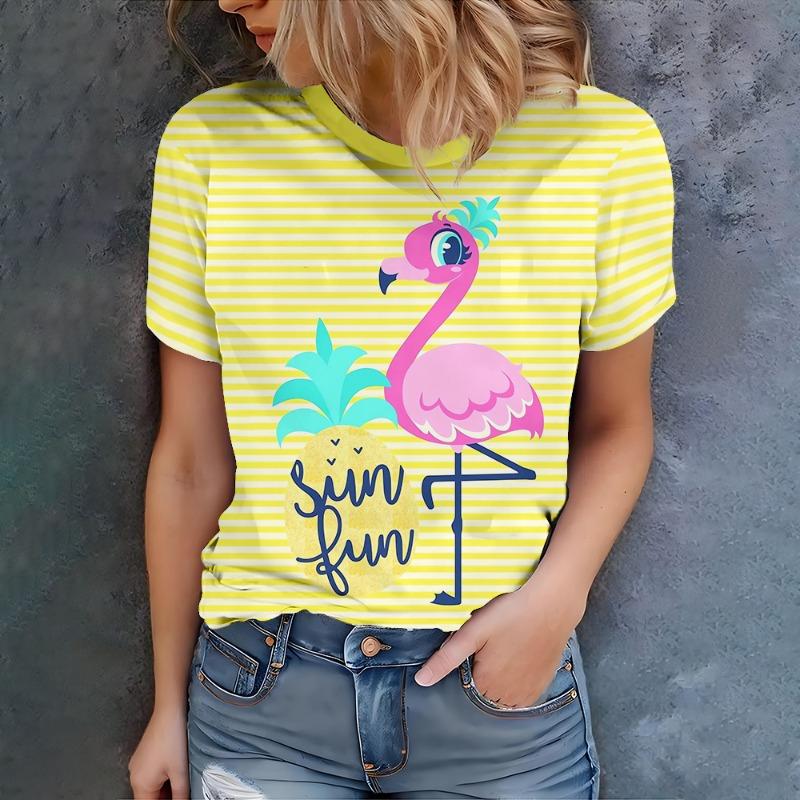 Women s yellow striped T-shirt, casual summer style round neck short sleeved top, suitable for daily wear S