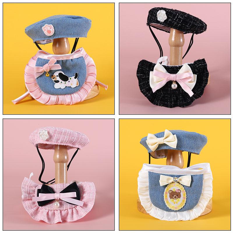 Cat Beret Suit Adjustable Flower Cat Dog Pearl Bow Bib Woven Pet Saliva Towel Wedding Party Bowknot Embroidery Princess Suit