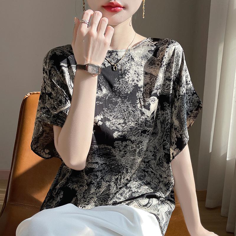 Summer 2025 Women s Loose Ink Wash Print Round Neck Short Sleeve Knit T-shirt XXL чёрный