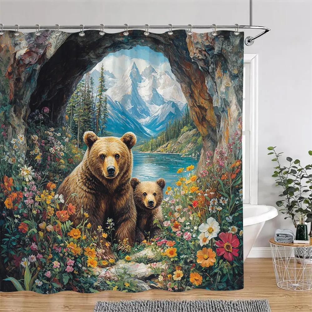 

Занавеска для душа с изображением бурого медведя, красочная цветочная живопись, пейзаж, масляная живопись, креативное украшение для ванной комнаты. 90x180cm-35x70in