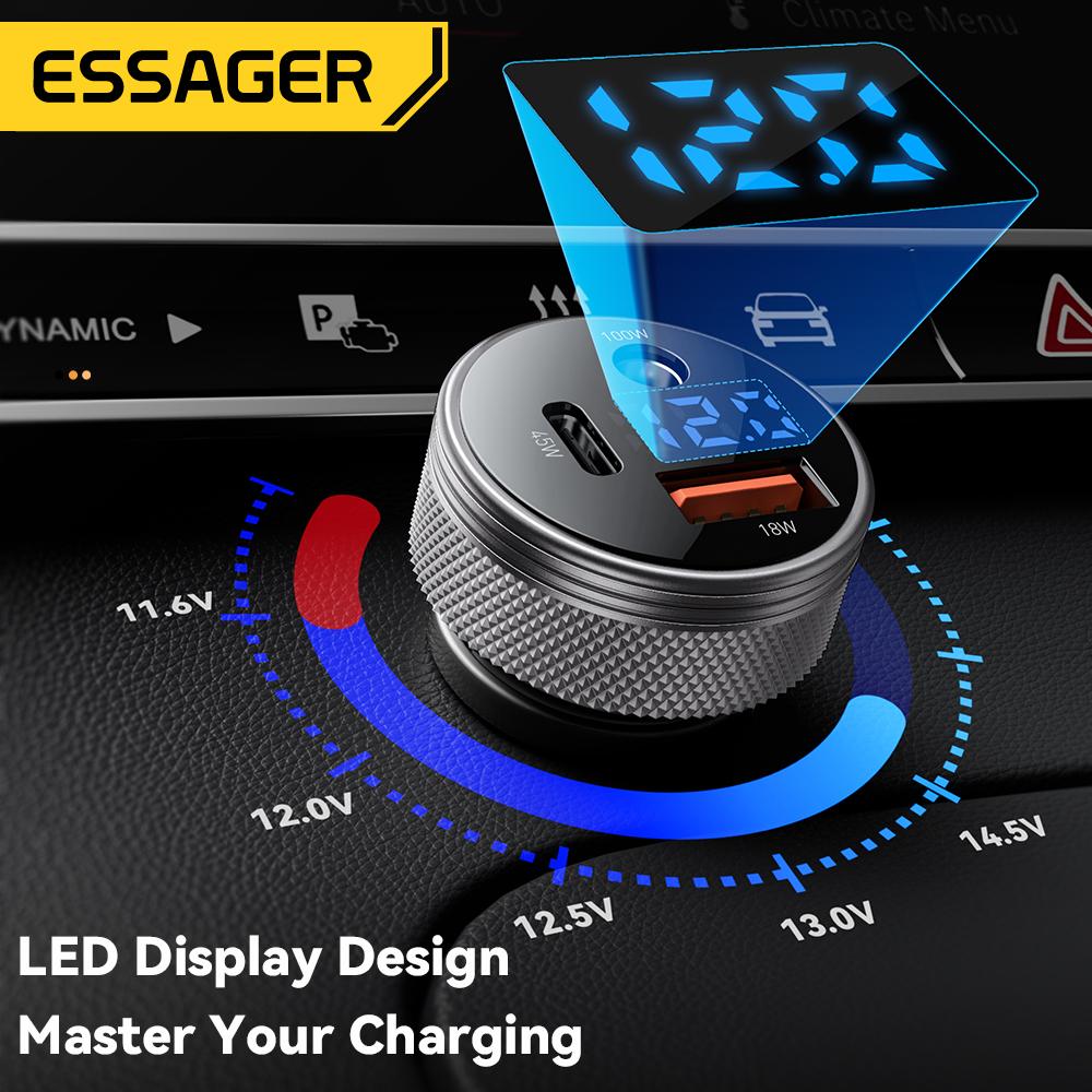 Essager 150W USB Car Charger For Xiaomi iPhone Samsung Laptops Tabet PD 3.0 Fast Charging USB Type C Digital Display Car Charger
