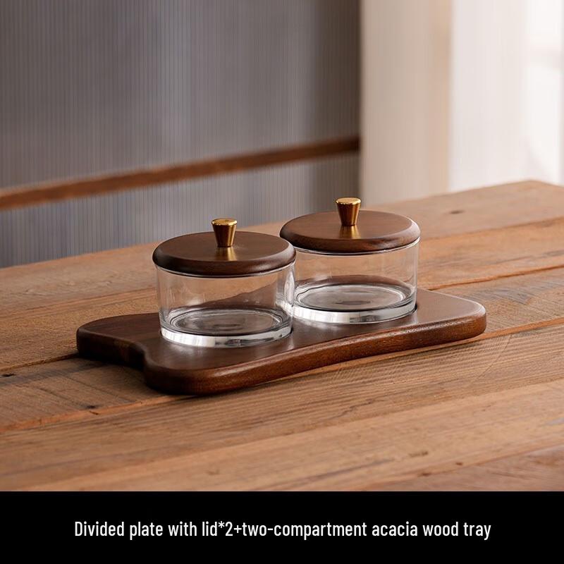 Chinese Style Glass Divided Snack Plate 2 Compartments with Lid