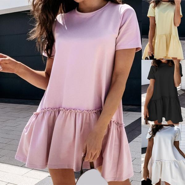 

Женщины Свободные Повседневные Короткие Рукава Платье Лето V-образный вырез Оборки Большой Подол Пляжные платья