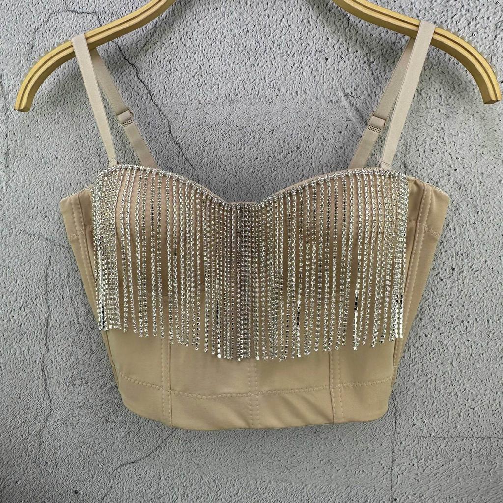 Mit Diamanten besetzte Fransenketten-Körperbetonendes Rückenfreies Kleines Tanktop Designorientiertes Kurzarm-Sommer-Schlankheitsoberteil Trendige Camisoles & Tanktops