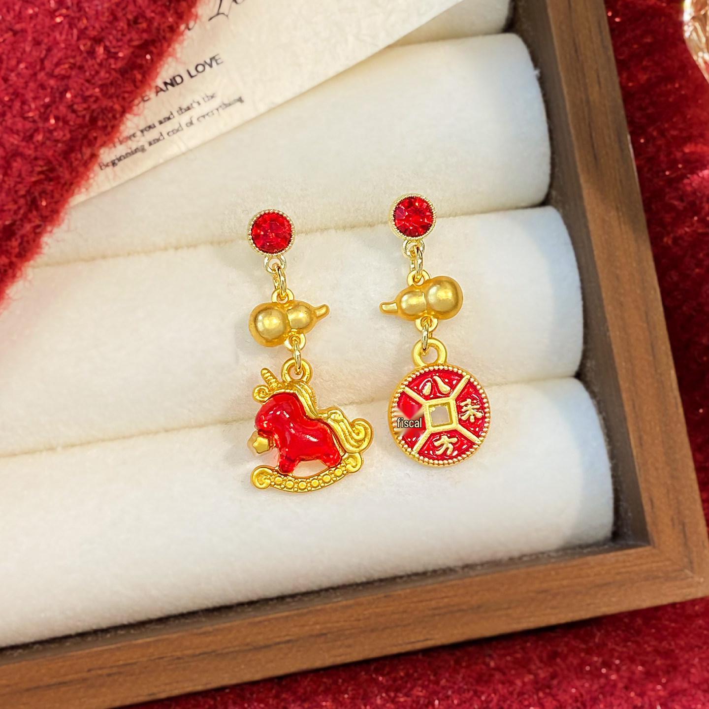 Red Enamel Rhinestone Horse Asymmetrical Earrings - Luxurious High-End Feel