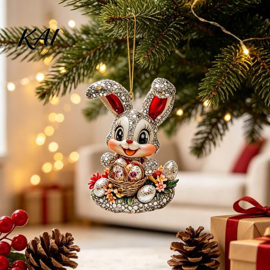 Seasonal Decorative Hanging Rabbit Easter Bunny Acrylic Pendant, Cute with Basket, 2D Car Egg Basket Decoration Rearview Mirror Ornament, Bag Keychain