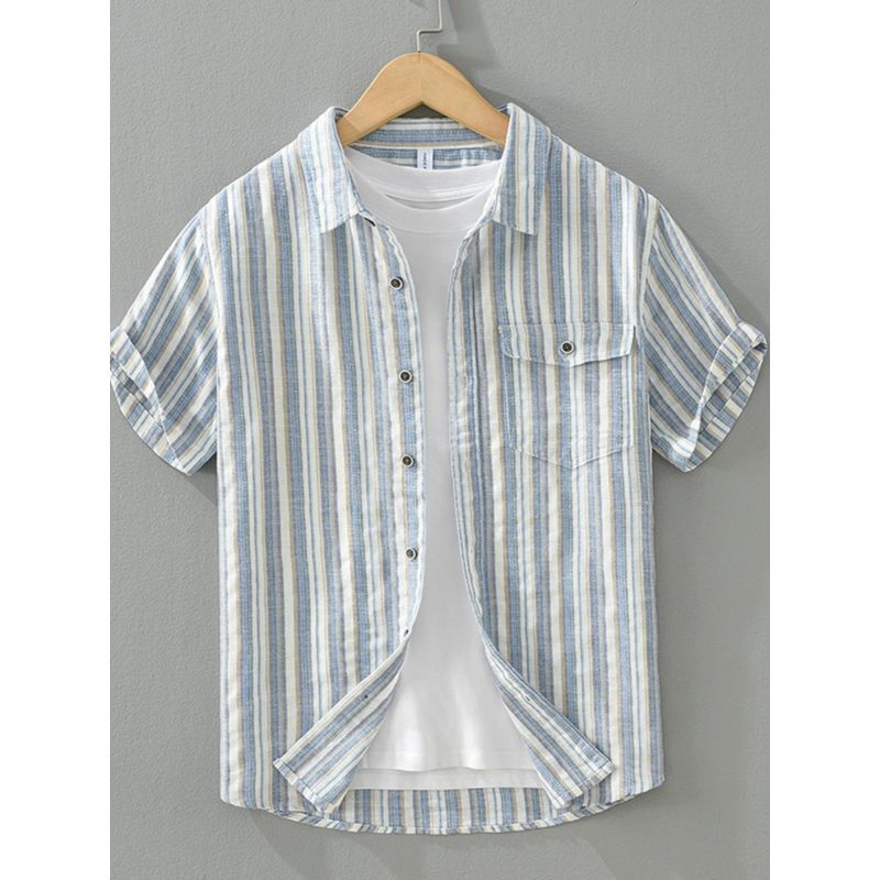 Fresh Breathable Color Matching Stripe Linen Short sleeve Shirts Men's Summer Casual Half Sleeve Japan fashion Retro Cotton and Linen Shirt