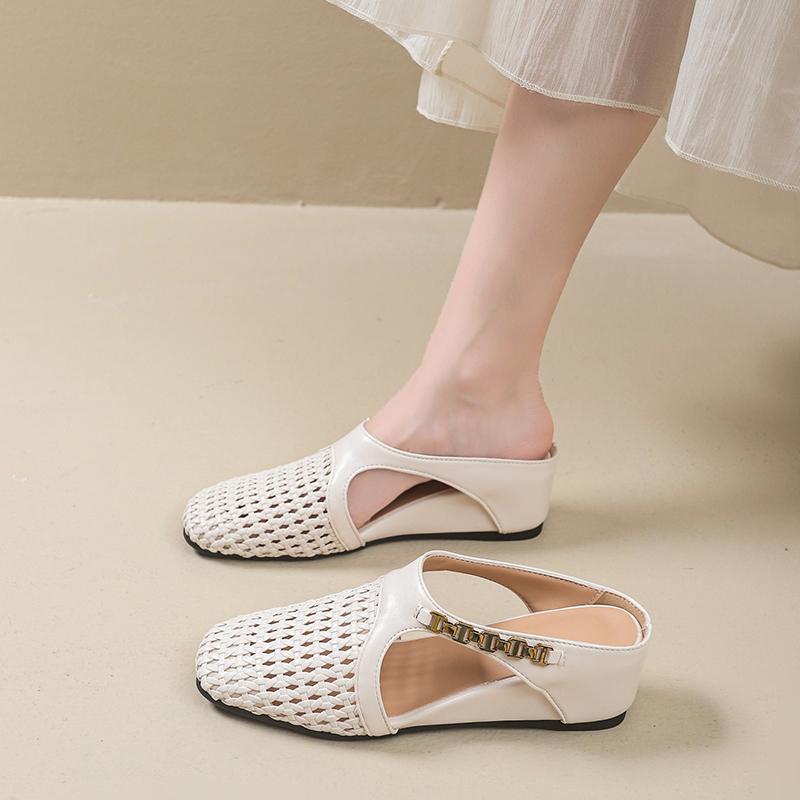 Summer Heightened Woven Hollow Wedge Slippers New Square Toe Metal Chain Lightweight Breathable Slip-on Slippers