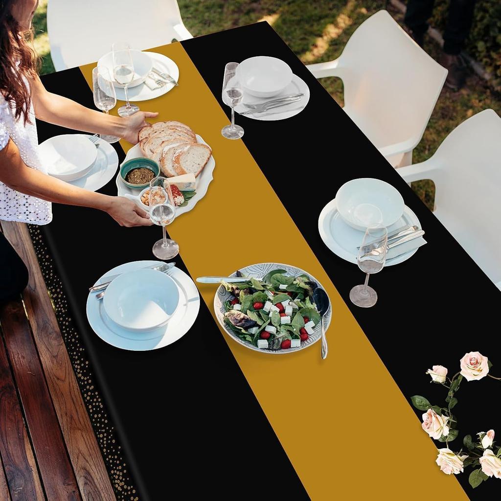 Childom 3 Pack Black and Gold Tablecloths for Events,54"x108" Plastic Table Cloths for Rectangle Tables,Disposable Party Table Covers for New Years