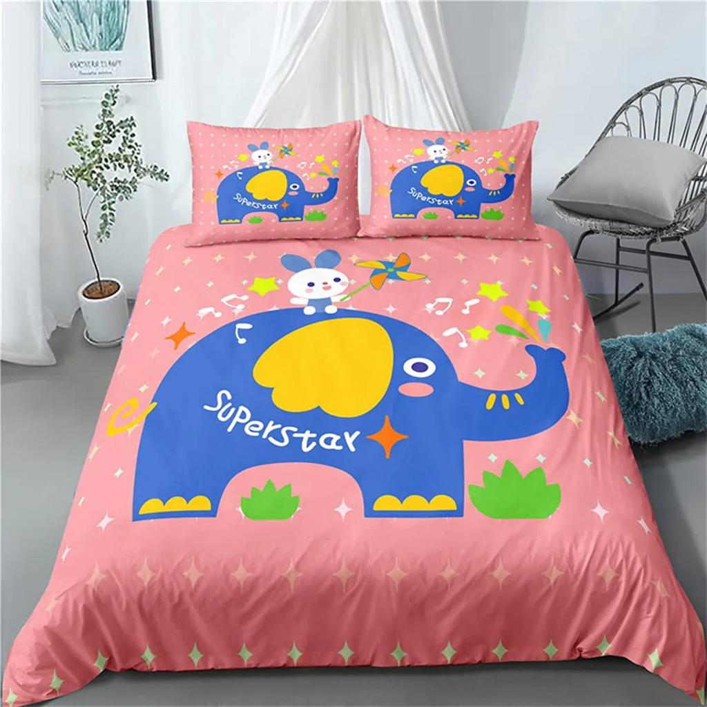 Boys Girls Kawaii Elephant Duvet Cover Cute Animals Quilt Cover Queen Size Soft Microfiber Cartoon Bedroom Decorations Children