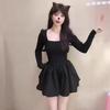 Hepburn Square Neck Black Long Sleeve Slim Dress with Puffy Skirt