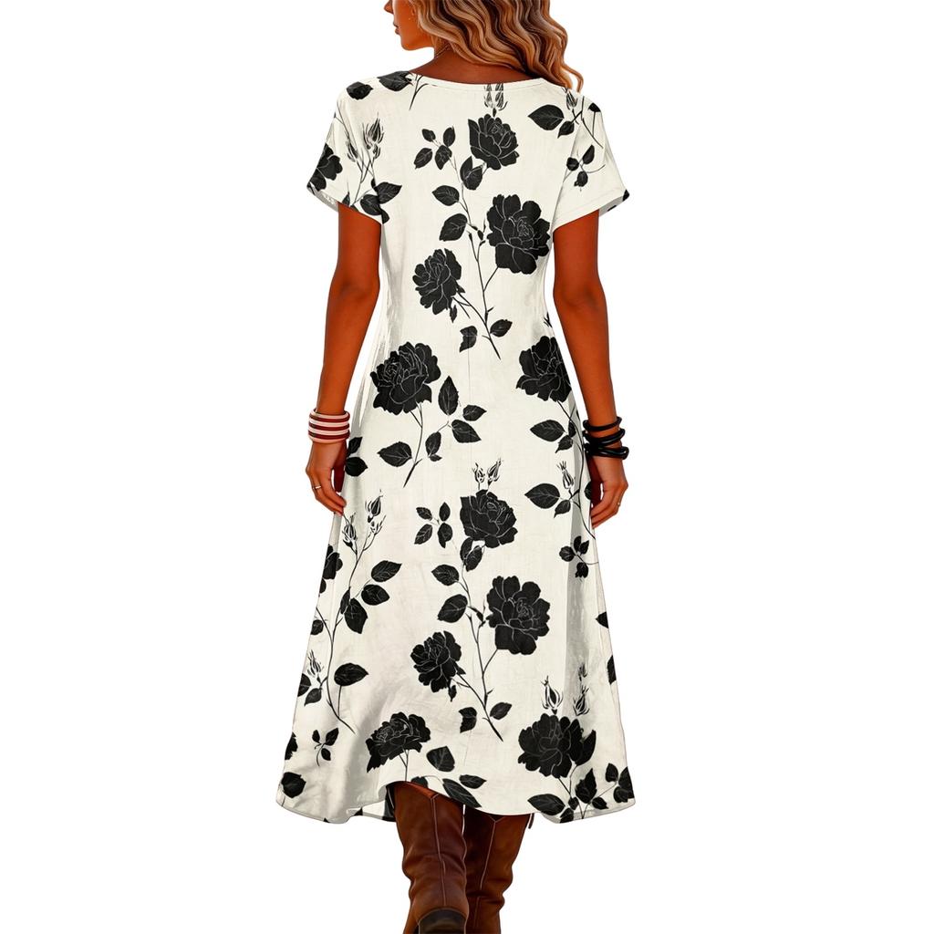 Fashionable Women's Summer V-neck Short Sleeved Retro Floral Print Beach Dress