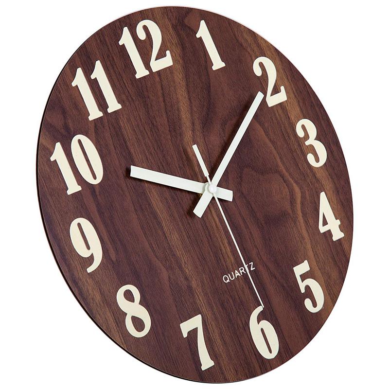 12 Original Brown Night Inch Light Function Wooden Wall Clock Vintage Rustic Country Tuscan Style For Kitchen Office Home Silent