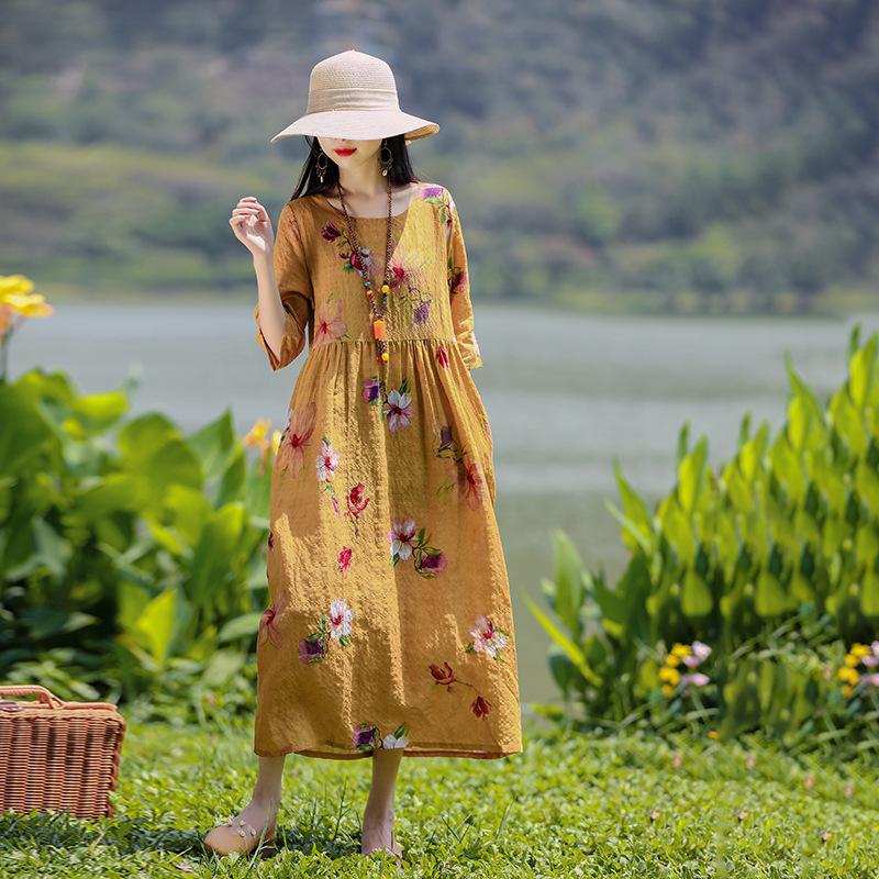 

Этнический стиль женское платье летнее плюс размер принт прикрывающий живот был тонкий выше колена рукав три четверти длинная юбка XS