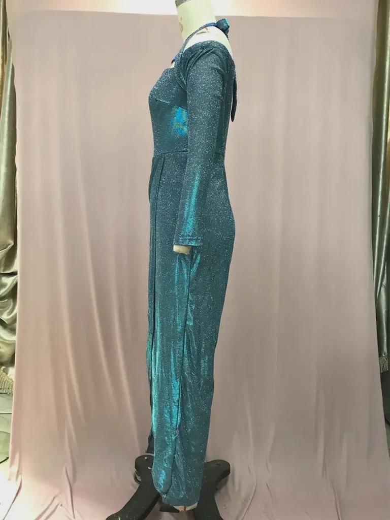 2025 European & American Glam Sequin Oblique Collar Jumpsuit - Mid-Waist Sexy Skirt