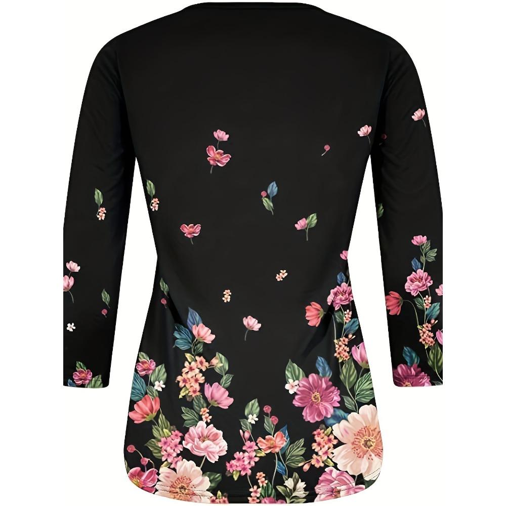 Floral Print T-shirt Casual Crew Neck Long Sleeve T-shirt Women's Clothing