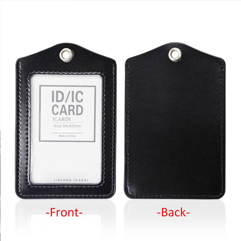Formal Business ID Badge Holder Durable Real Leather Work Chest Card Pouch with Lanyard Simple Classic Black Stationery