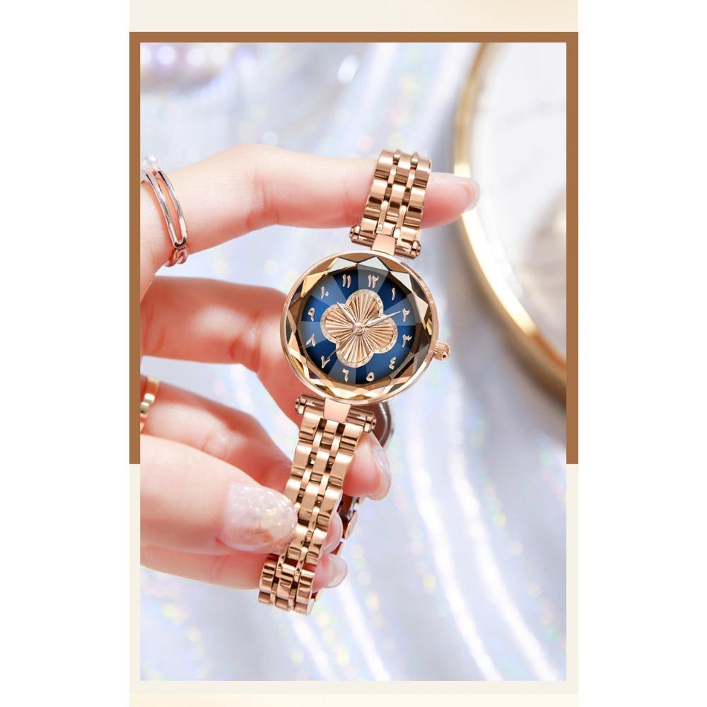 Orologio da Polso da Donna al Quarzo Quadrifoglio Vetro Sfaccettato Bracciale in Acciaio Inossidabile Orologio da Polso Moda Numeri Arabi Orologio Elegante