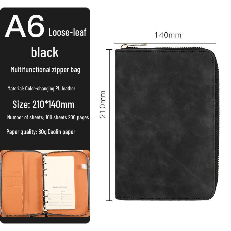 Zippered Binder Notebook - Creative Simple Business Design, Faux Leather Meeting Minutes Book, Available in A5, B5, A6 Sizes.