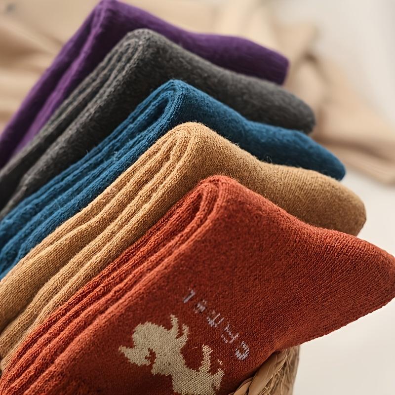 5 Pairs Winter Camel Cartoon Pattern Mid-Calf Thick Fleece-Lined Warm Polyester Spandex Knit Socks for Women